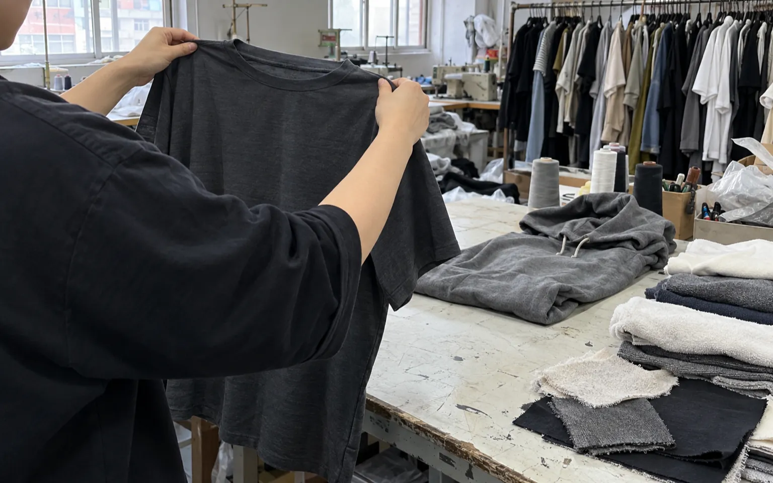 T-Shirt, Hoodie und Stoffmuster bei der Begutachtung an einem Arbeitstisch im Musterraum.