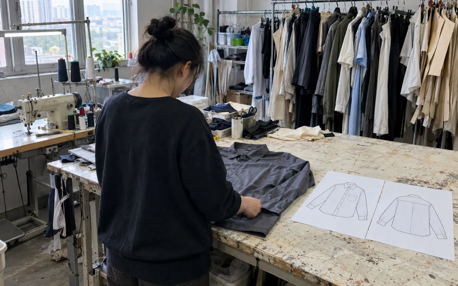 Eine Person vergleicht ein schlichtes Shirt mit technischen Zeichnungen an einem Arbeitstisch.