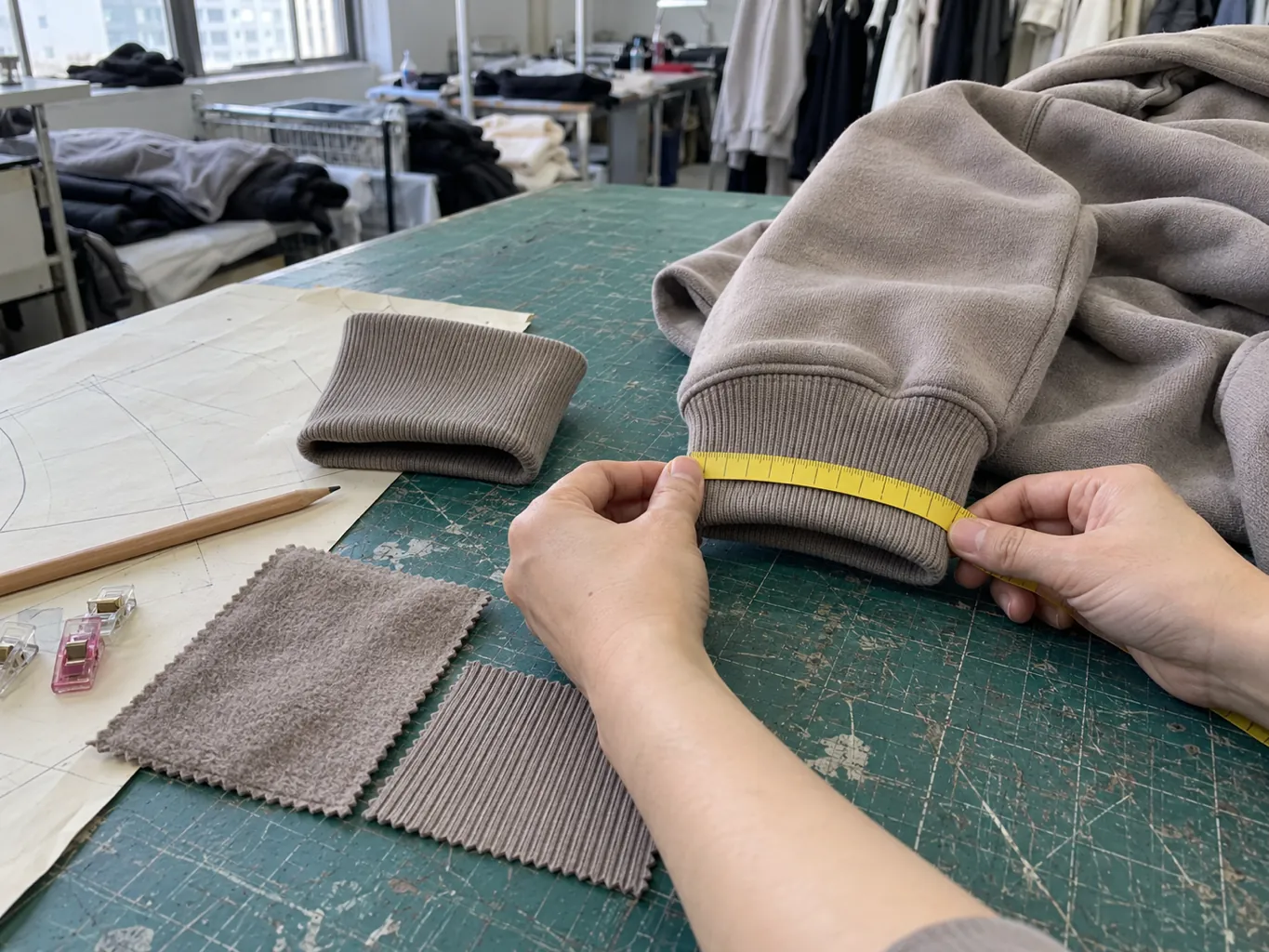 Hände messen ein Rippbündchen mit Maßband neben Stoffmustern auf einem Zuschneidetisch.