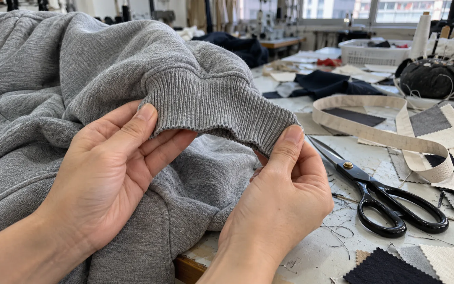 Nahaufnahme von Händen, die ein welliges Rippbündchen eines Hoodies auf einem Arbeitstisch dehnen.