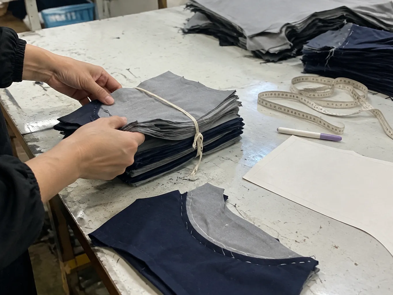 Des mains trient des pièces de tissu coupées pour une petite commande d’essai de vêtements sur une table