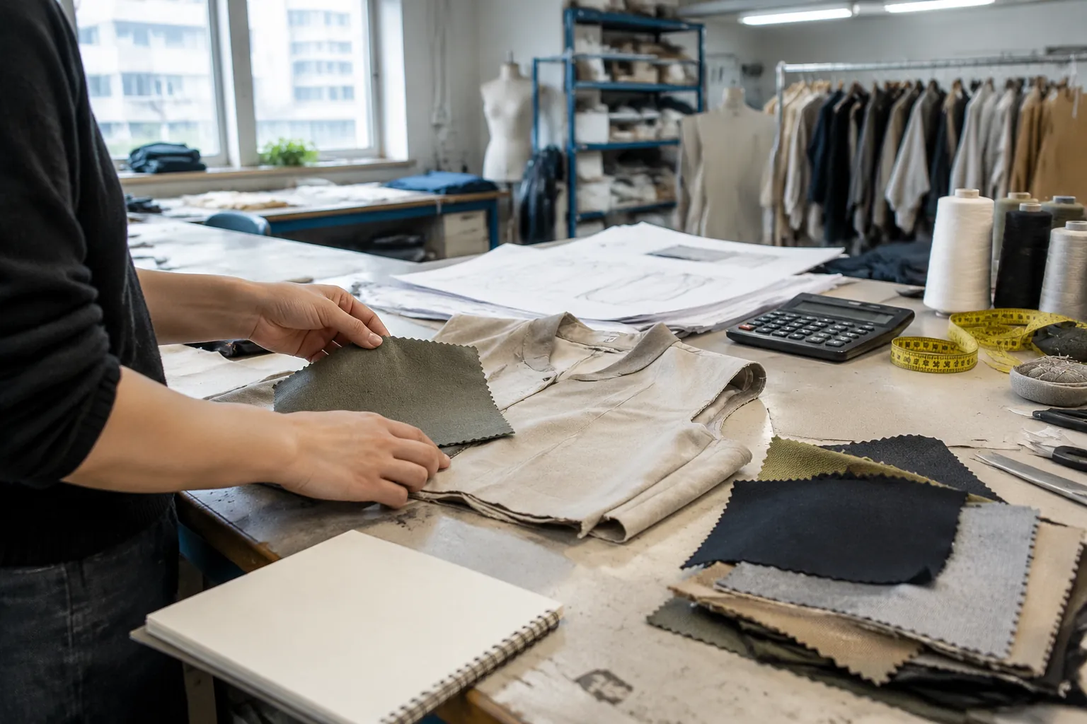 Des mains comparent des échantillons de tissu à côté d’un vêtement à moitié terminé dans une salle d’échantillons
