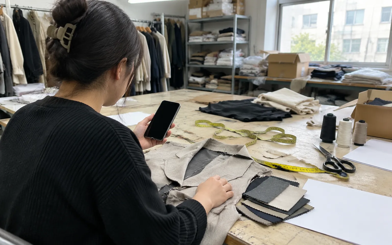 Une personne dans la salle d’échantillons tenant un téléphone à côté d’un échantillon de vêtement et d’échantillons de tissu
