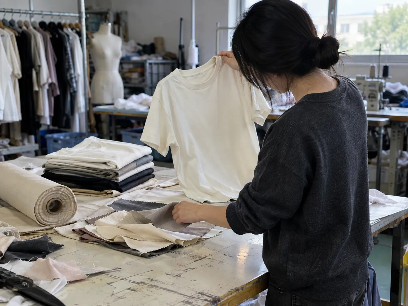 Manos de una operaria comparando muestras de tela junto a camisetas de muestra dobladas.