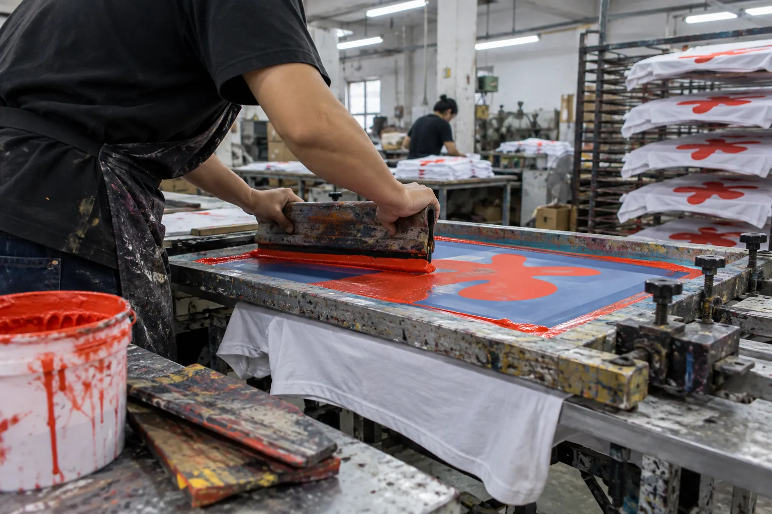Manos estirando tinta con una espátula a través de una malla de serigrafía sobre una camiseta.