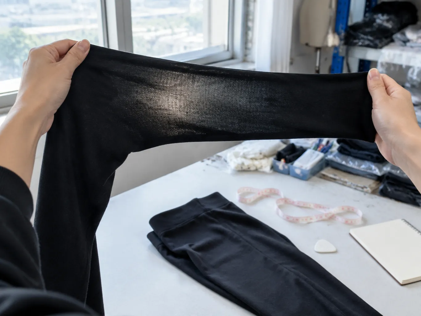 Manos estirando la pierna de un legging negro contra la ventana para comprobar la opacidad