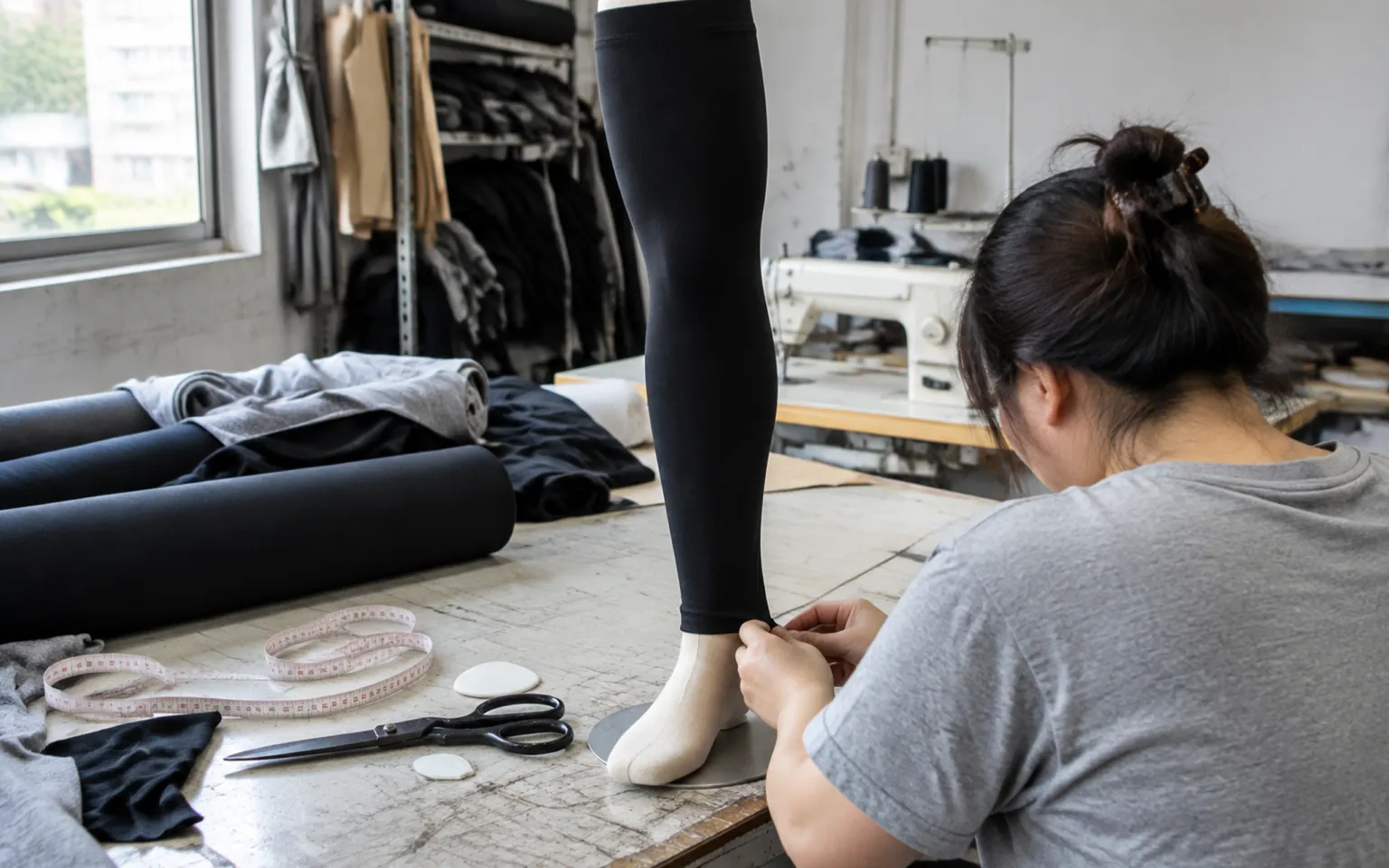 Muestra de leggings negros sobre maniquí en una mesa de patronaje con tejidos y cinta métrica