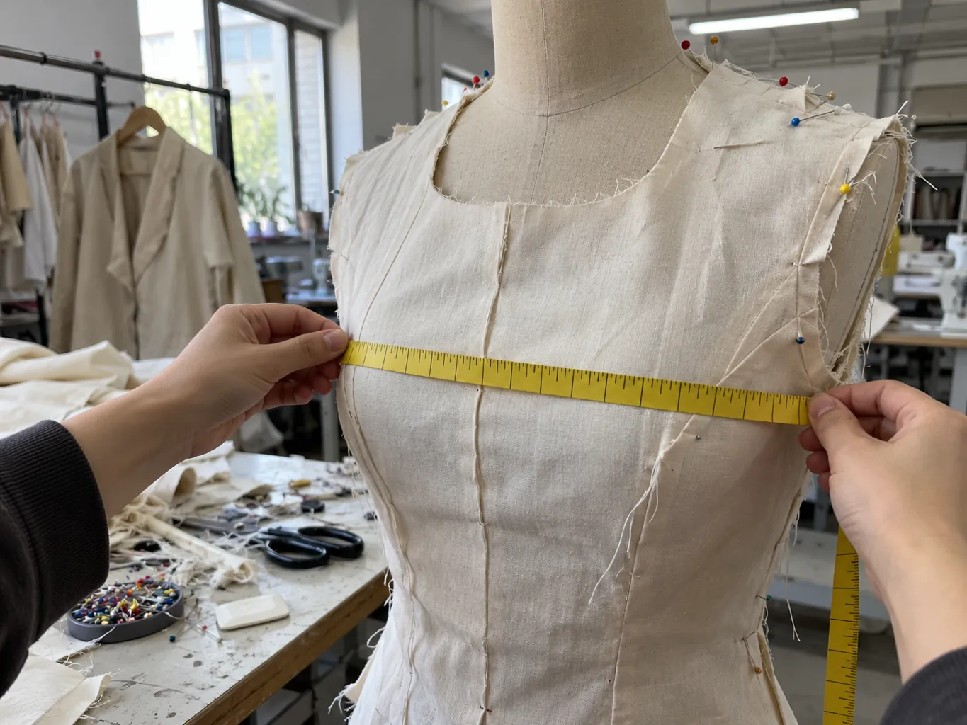 Manos midiendo con cinta métrica una prenda de muestra sobre un maniquí de costura