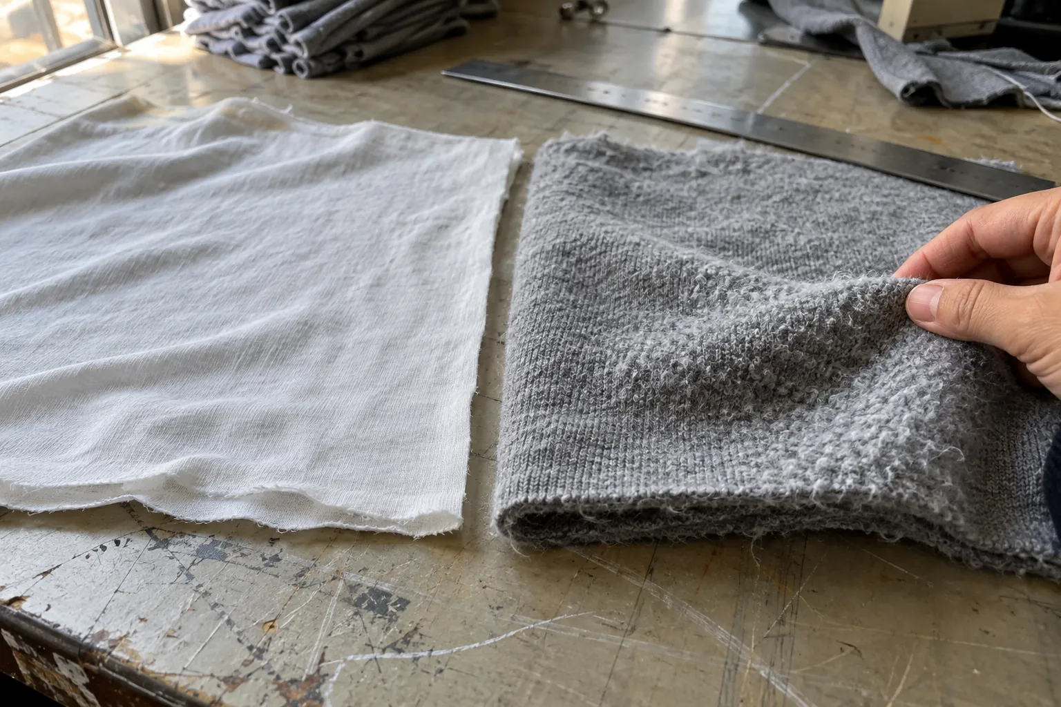 Dos tejidos de distinto gramaje, jersey fino y felpa gruesa, comparados sobre una mesa de corte