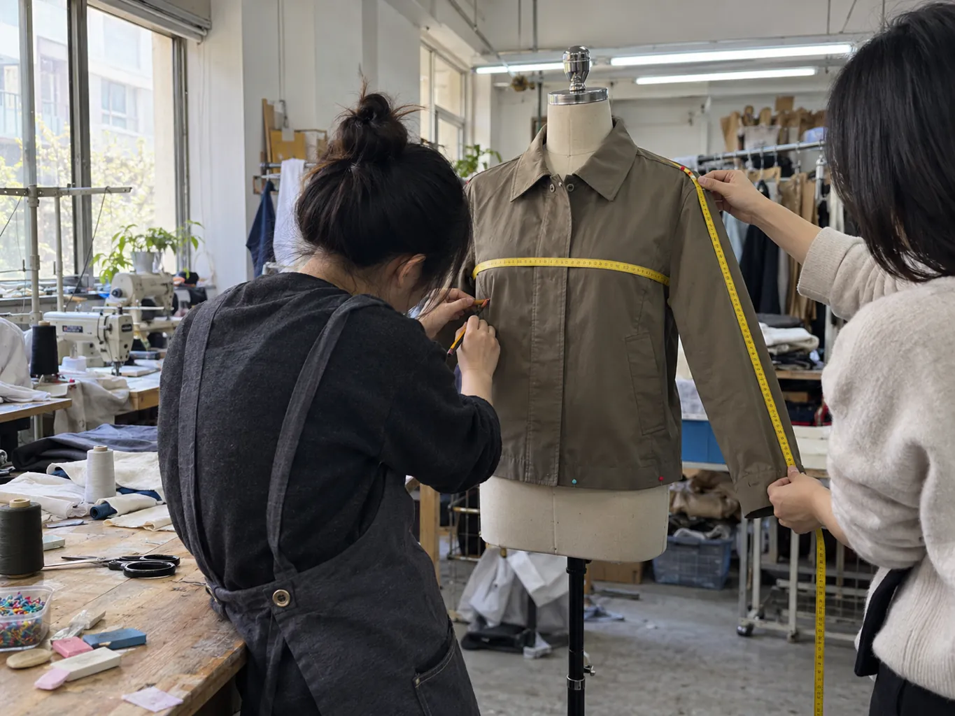 Chaqueta sin marca en maniquí con cinta métrica y alfileres marcando pecho y hombro