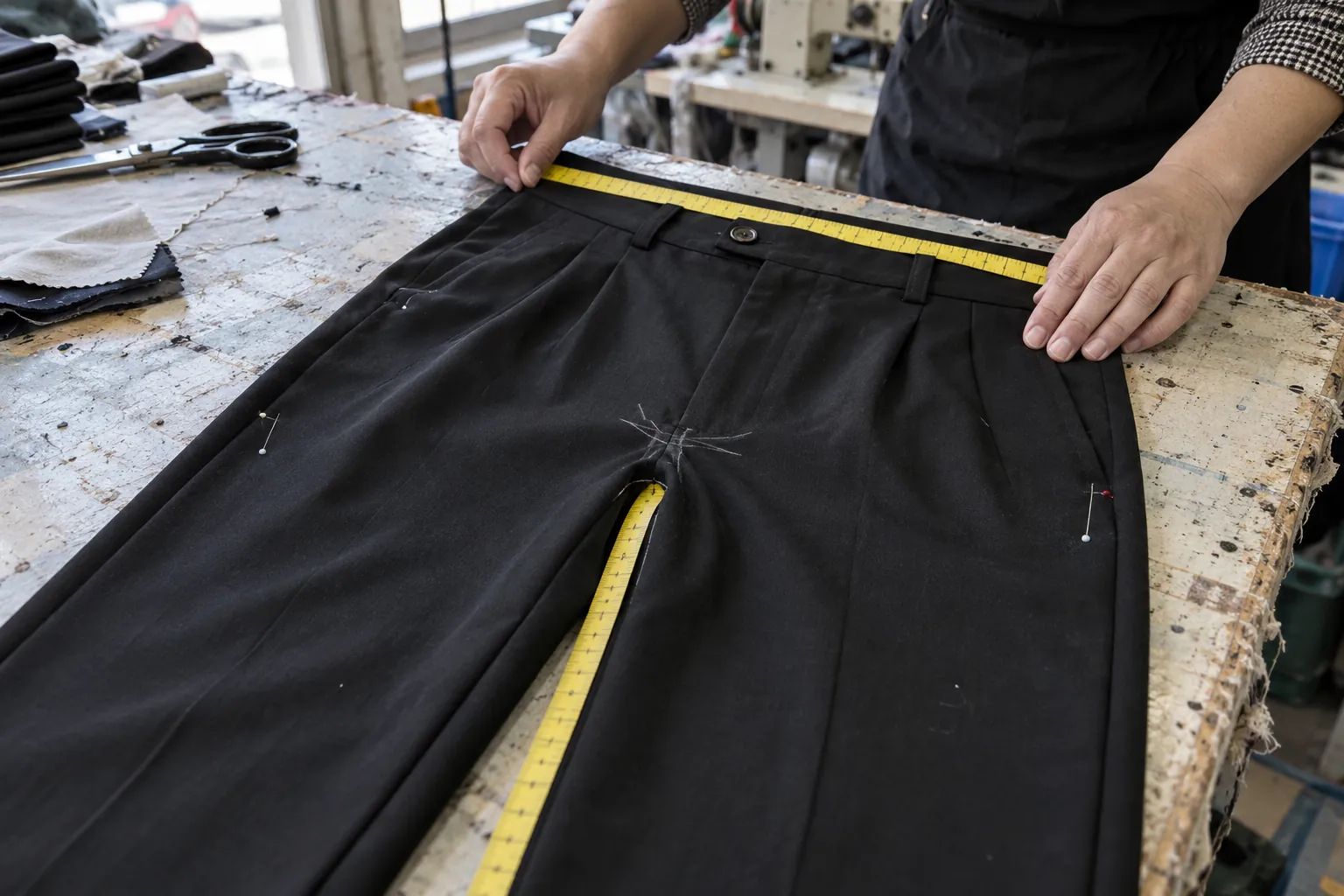 Manos midiendo cintura y tiro de un pantalón negro extendido sobre la mesa de corte