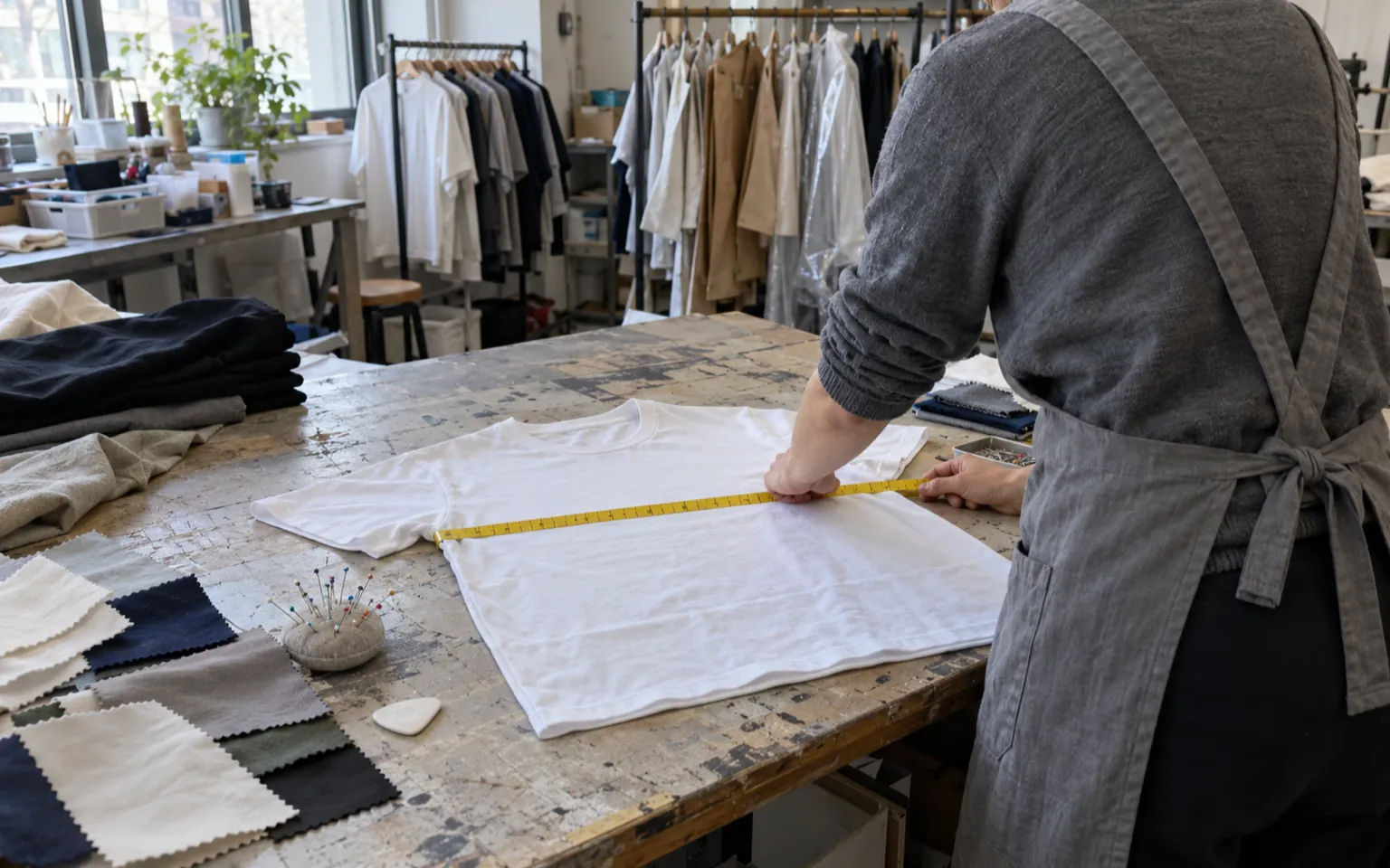Muestra de camiseta blanca medida con cinta métrica sobre la mesa de un taller
