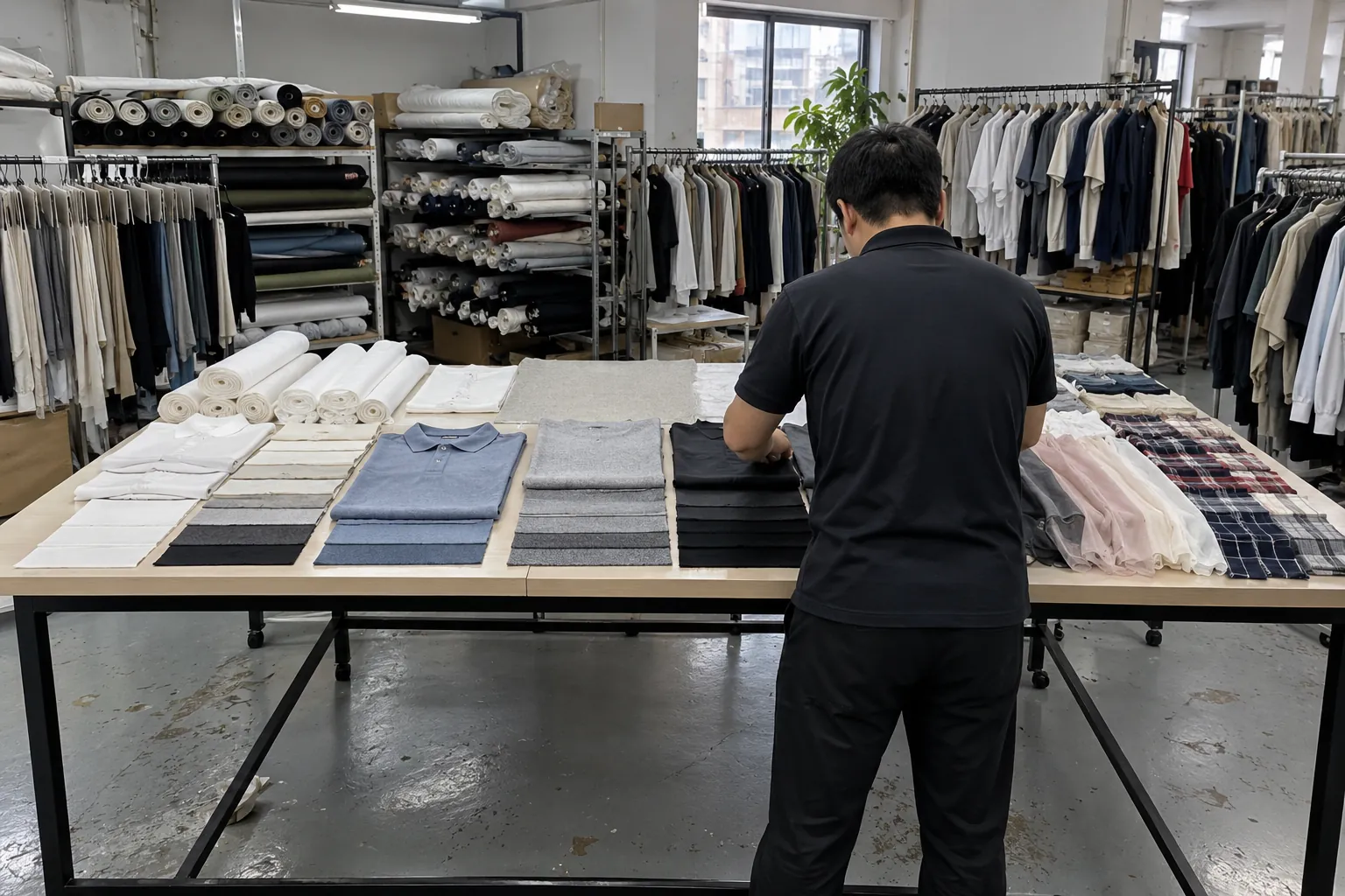 A merchandiser arranging fabric swatches by garment category on a sample table