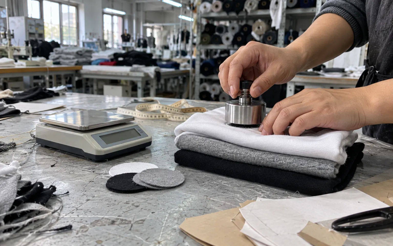 Hands cutting fabric samples with a GSM cutter and digital scale on a cutting table