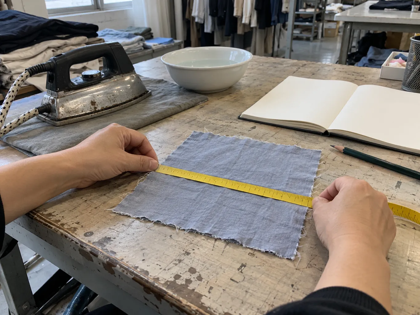 Mains mesurant un échantillon de tissu lavé avec un mètre ruban à côté d’un fer à repasser.