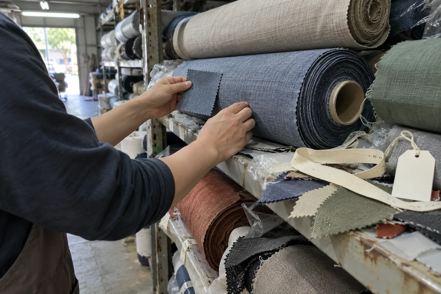 Opérateur comparant un carré de tissu découpé avec un rouleau de tissu dans une salle d’échantillons.
