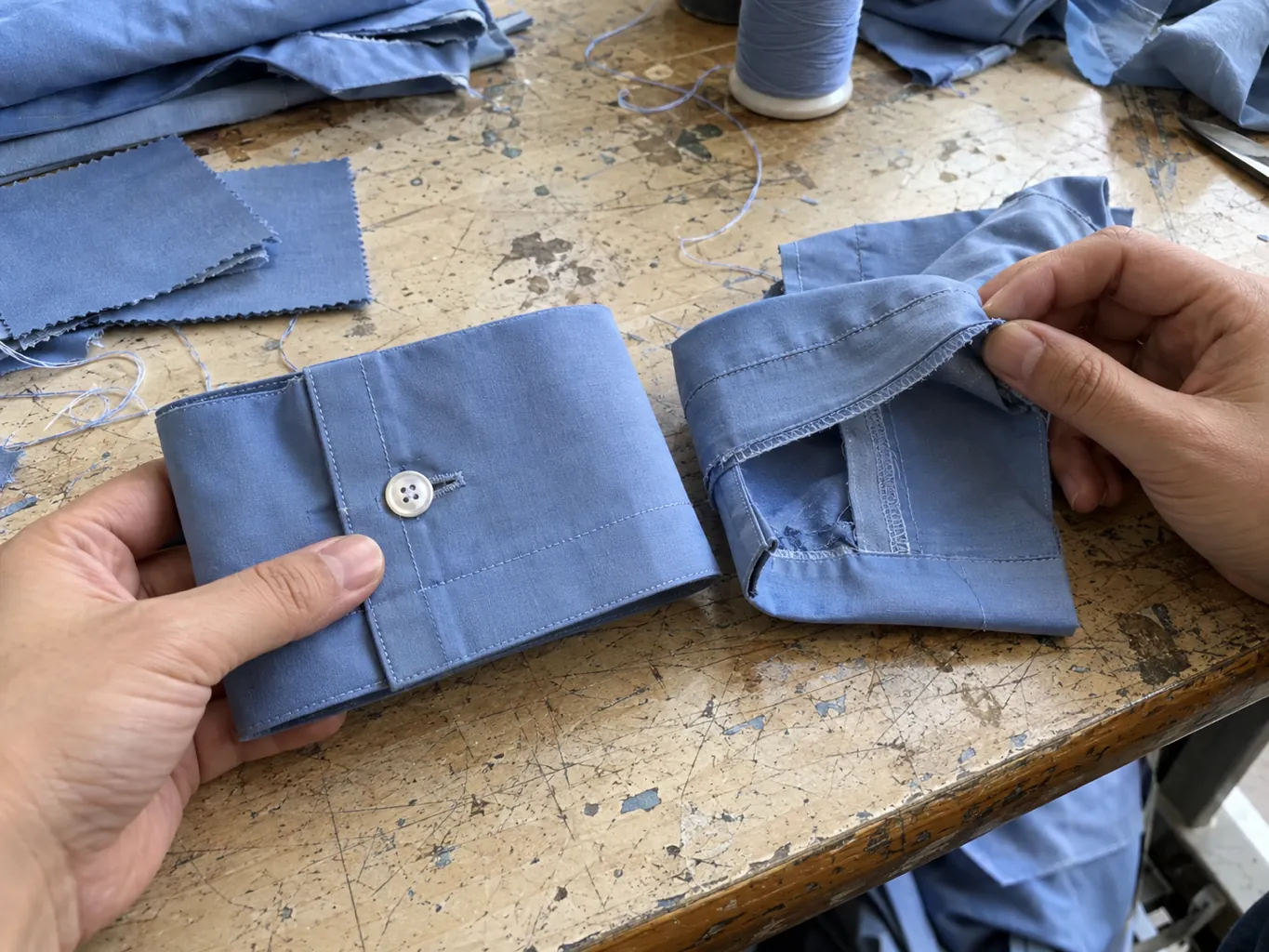 Des mains comparent le tissu et les coutures de deux poignets de chemise.