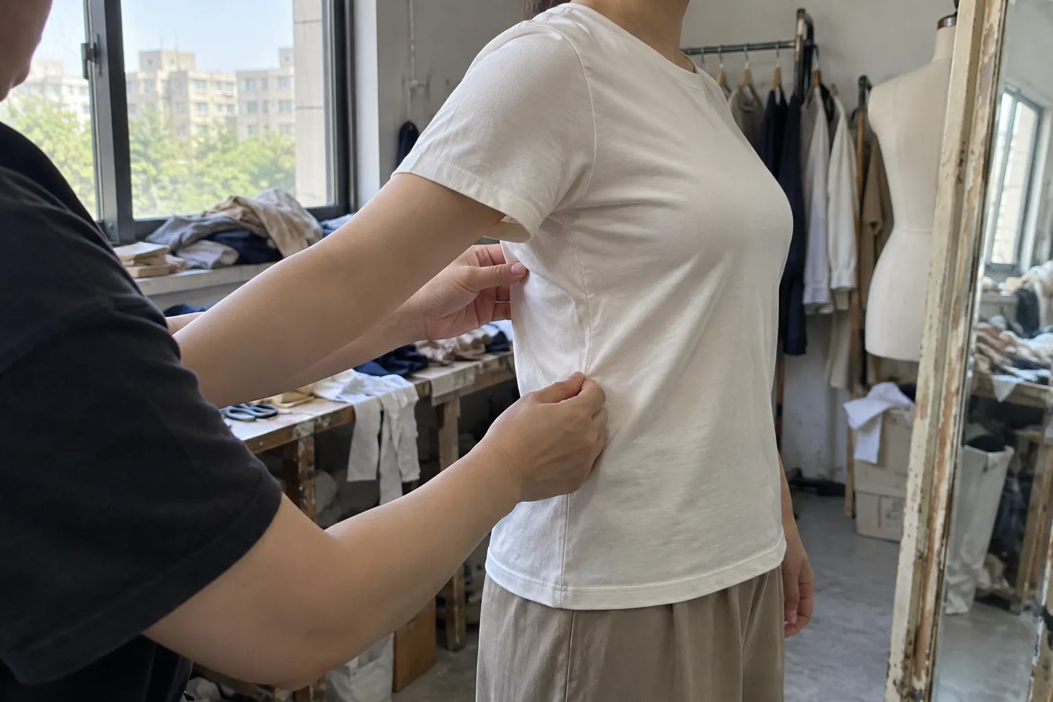 Vérification de l’aisance d’un t-shirt clair au niveau du buste pendant un essayage.