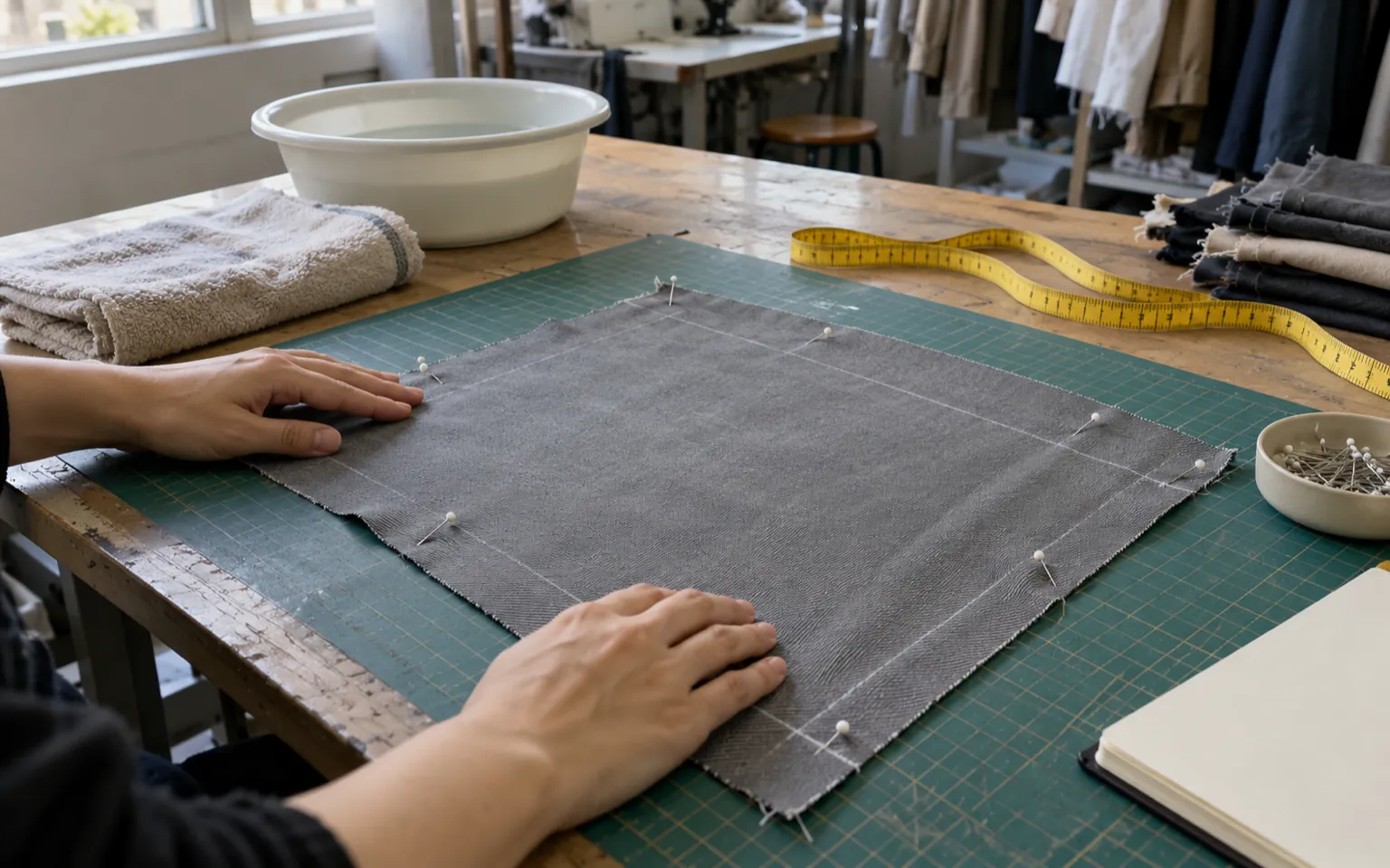 Échantillon de tissu épinglé sur une table d'atelier, mètre ruban et craie de tailleur.