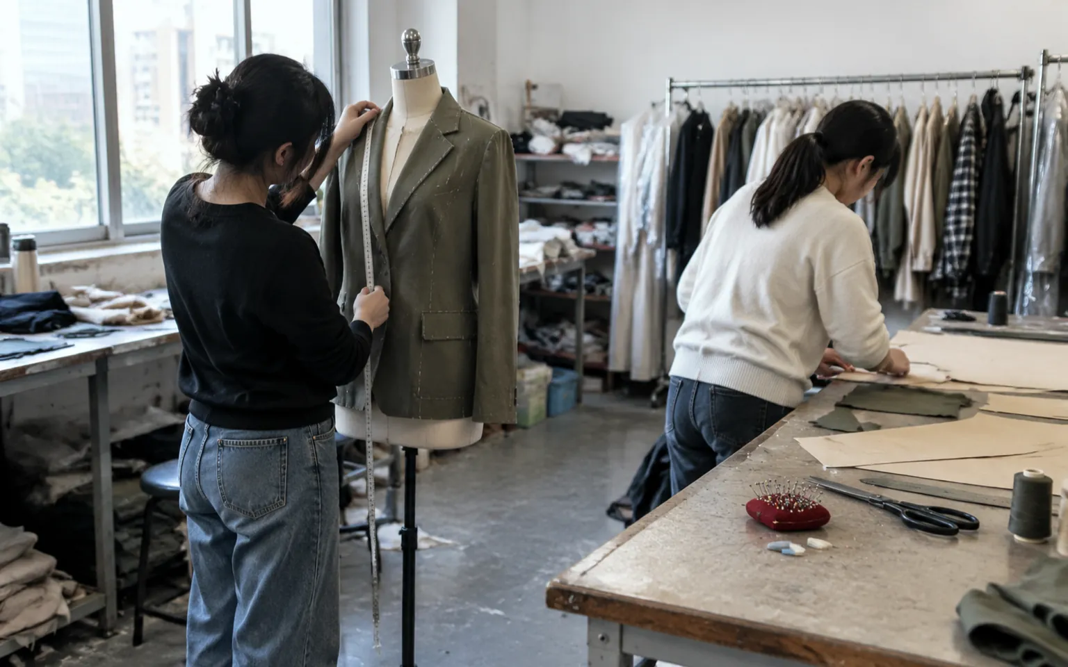 Atelier d'échantillonnage : deux personnes contrôlent un vêtement au mètre ruban
