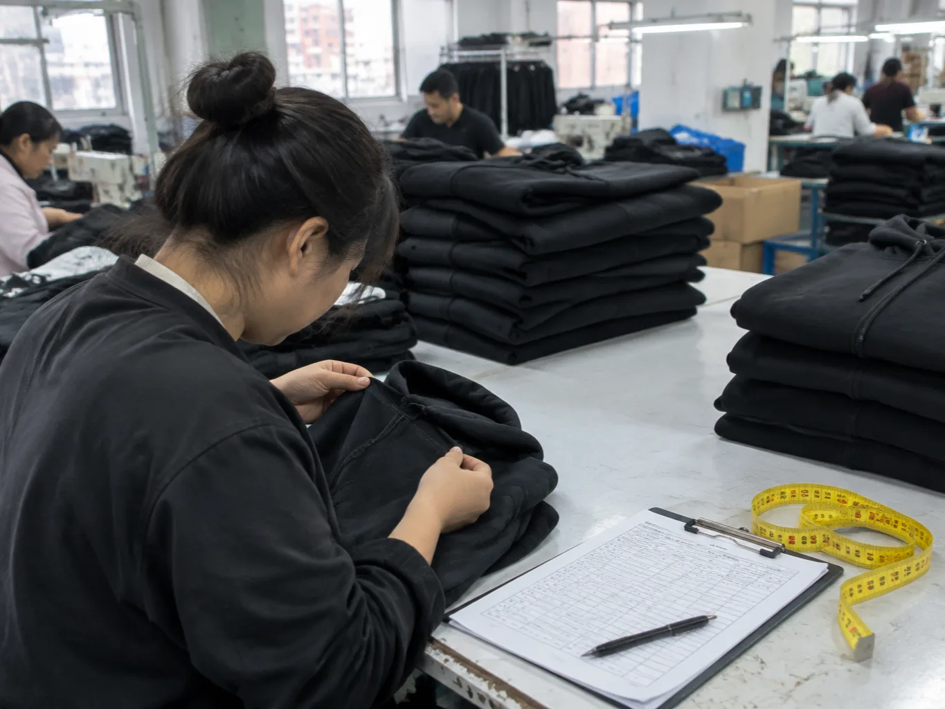 Inspector checking the stitching on a finished black hoodie at a quality inspection table, with an inspection form and a measuring tape