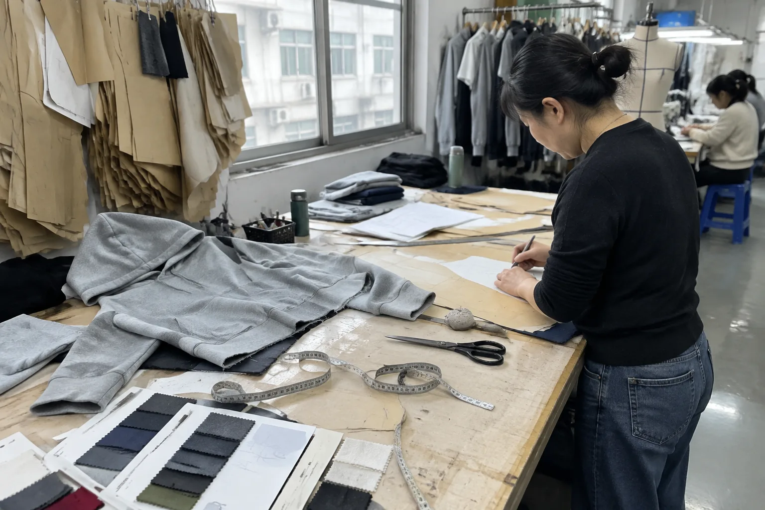 Pattern maker working on a half-finished grey hoodie at a sample room bench, with paper patterns, fabric swatch cards and a measuring tape