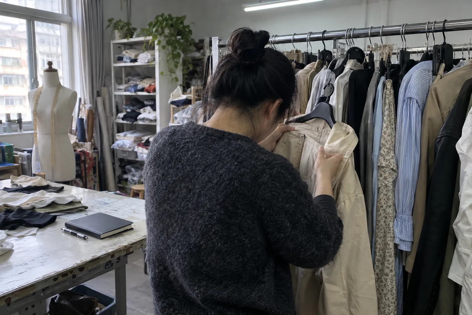 Un employé chargé de l’approvisionnement examine des vêtements sur un portant chargé dans une salle d’échantillonnage.
