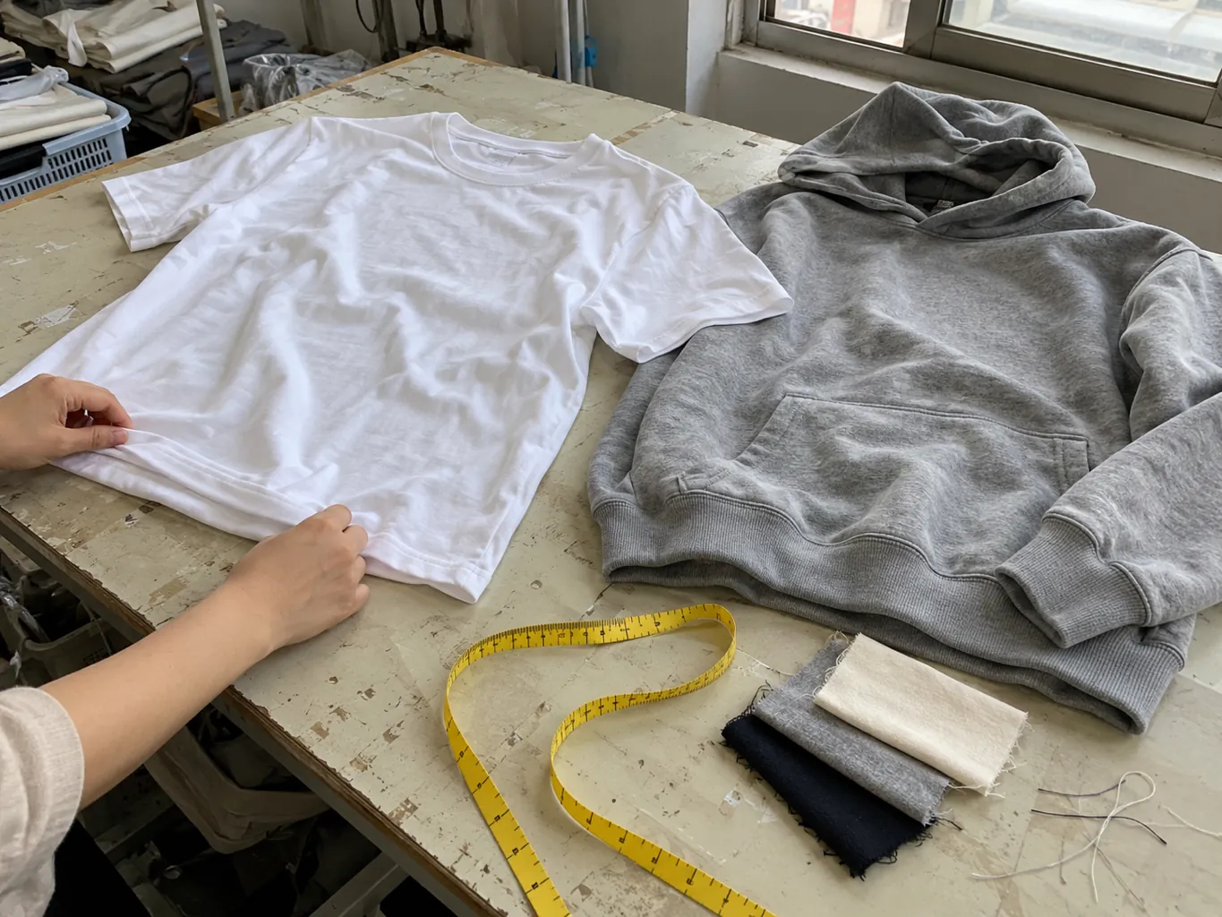 Primer plano de una camiseta lisa y una sudadera lisa con capucha extendidas sobre una mesa de corte con una cinta métrica