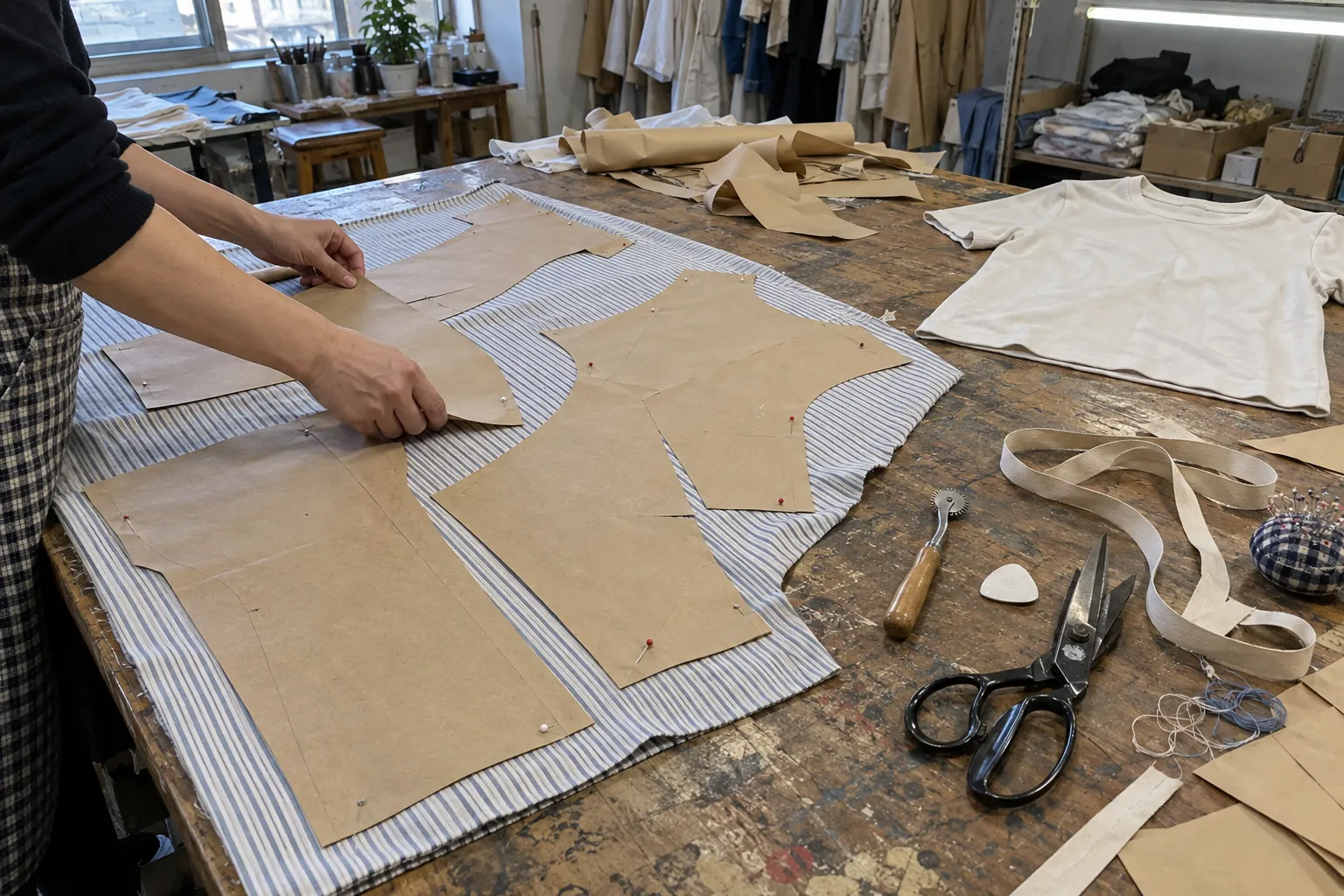 Manos colocando patrones de papel para vestidos sobre un tejido junto a una muestra de camiseta de punto en una mesa de trabajo