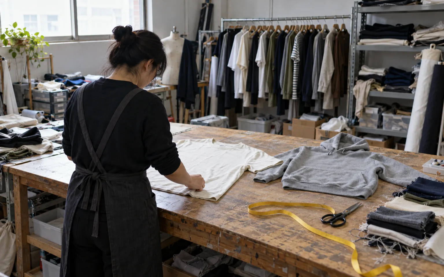 Muestras de camiseta lisa y sudadera lisa con capucha sobre una mesa de trabajo de una sala de muestras mientras un trabajador ajusta la camiseta