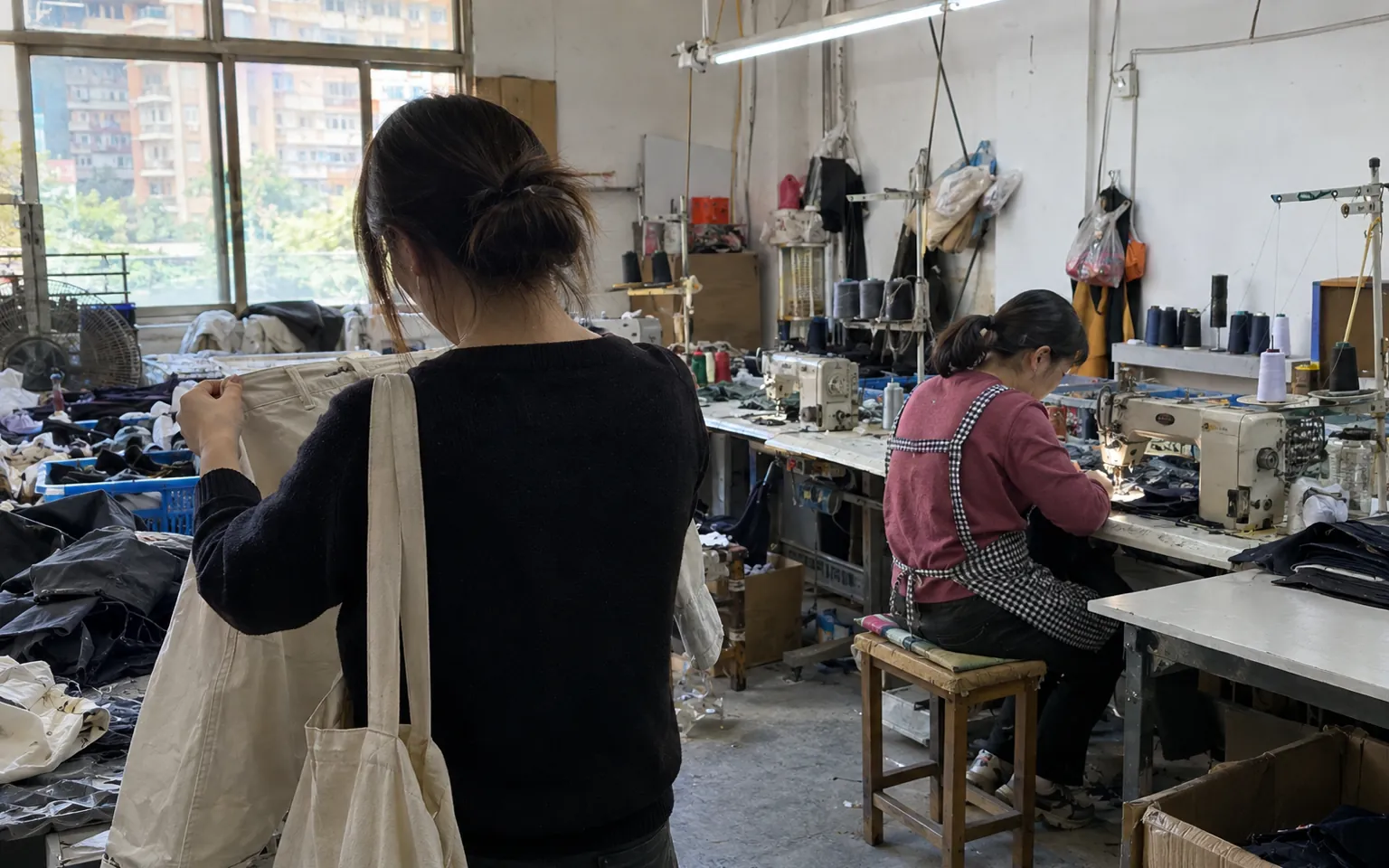 Una persona examina una prenda sin marca junto a un puesto de costura en funcionamiento.